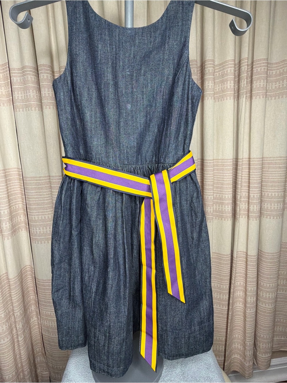 Polo by Ralph Lauren Dark Gray Denim Dress with Purple & Yellow Stripe Belt